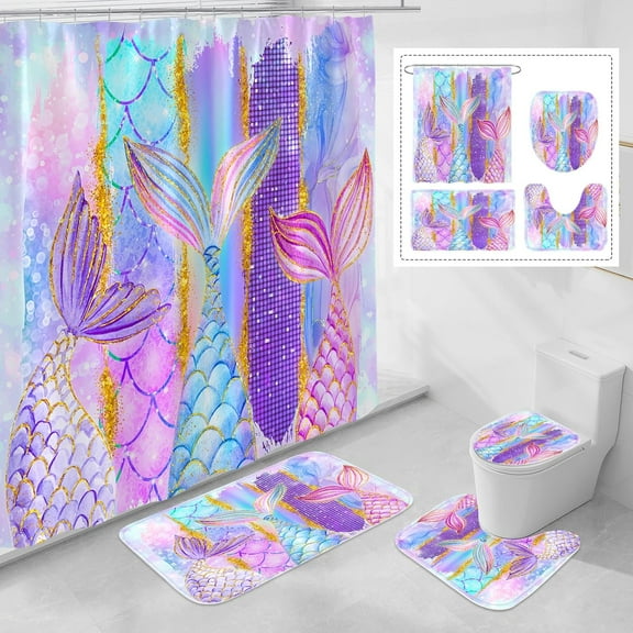 4 Pcs Summer Pearl Shell Shower Curtain Set with Non-Slip Rugs, Toilet Lid Cover and Bath Mat,Blue and Yellow Marine Bathroom Decor Set with Shower Curtain and Rugs(Hooks Not Included)