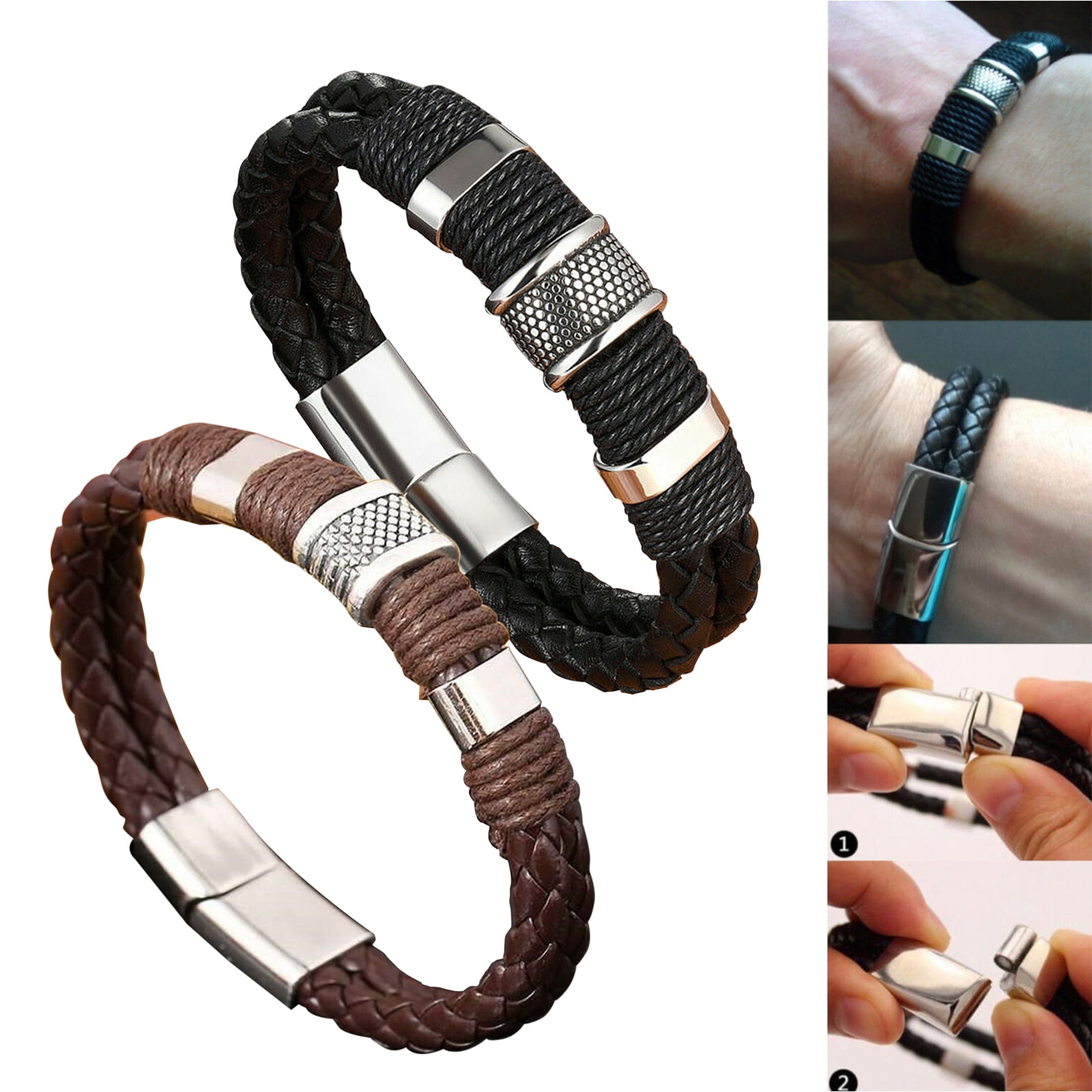  555Jewelry Mens Bracelets Leather and Steel, Magnetic Clasp  Braided Silver & Black Leather Bracelets for Men, Mens Leather Bracelet,  Men Bracelets, Black, 8.25 Inch: Clothing, Shoes & Jewelry