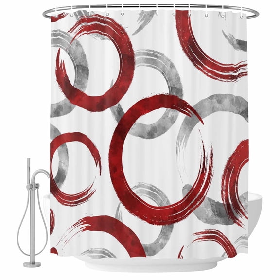 Polyester Fabric Red Grey Shower Curtain, Geometric Circle Modern Abstract Simple Art Waterproof Bathtub Curtain Bathroom Decor Set with Hooks 36 x 78 Inches