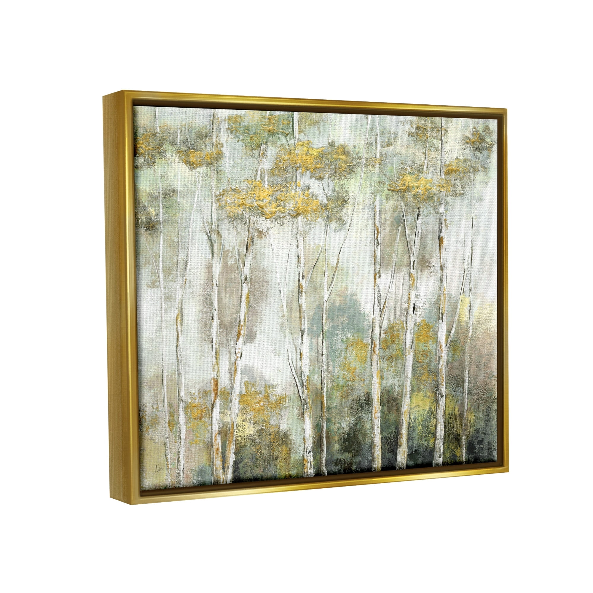 Stupell Industries Birch Tree Forest Yellow Foliage Woodland Painting Painting Metallic Gold Floating Framed Canvas Print Wall Art, Design by Nan