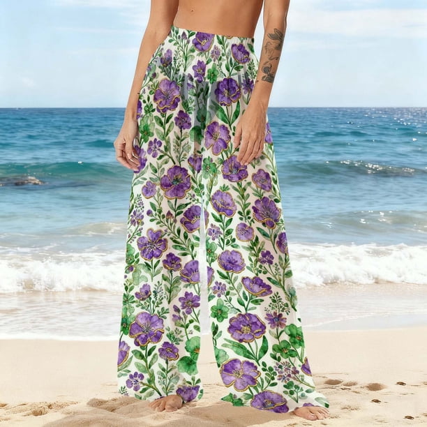 Pantalones de playa de gasa ligeros para mujer con protección solar, pantalones anchos de estilo bohemio estampados, blusa para mujer