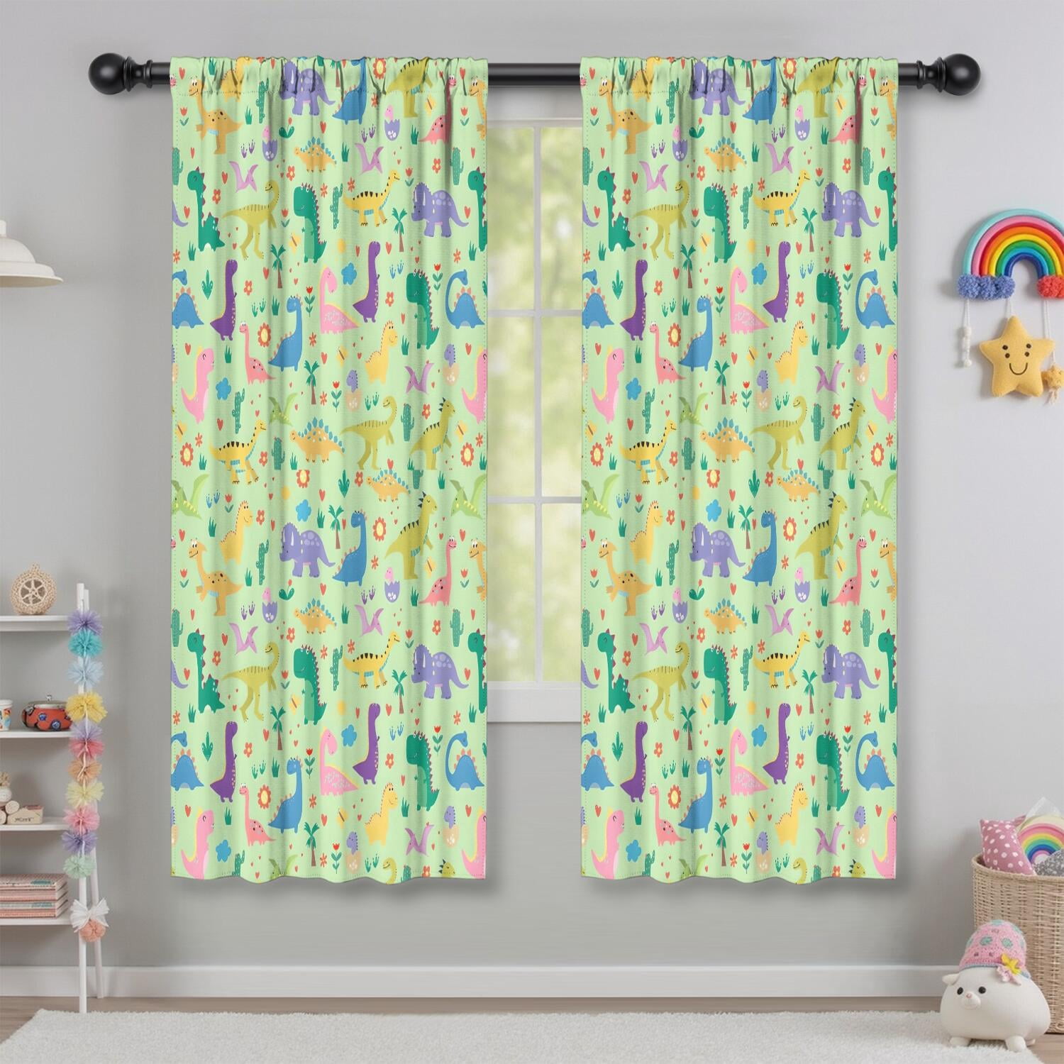 Blackout Kids Curtains,Green Dinosaurs Cacti Pattern Childrens Insulated Curtains Set Of 2,Bedroom Essentials,Toddler Room Decor 42"x63"