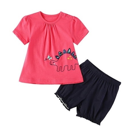 

GWAABD Girls Dress Clothes Red Cotton Blend Toddler Girls Short Sleeve Dinosaur Prints Casual T Shirt Tops Short 2Pcs Kid Outfits 100