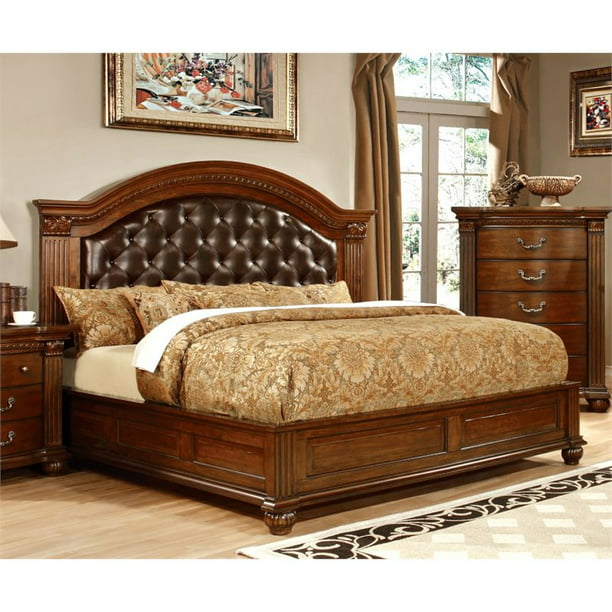 Furniture Of America Sorella Queen, Cherry Wood Bed With Leather Headboard