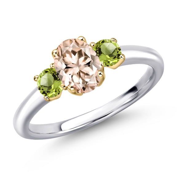 Gem Stone King 925 Silver and 10K Yellow Gold Peach Morganite and Green Peridot Engagement Ring for Women | 1.06 Cttw | Oval 7X5MM | Gemstone October Birthstone | Size 5