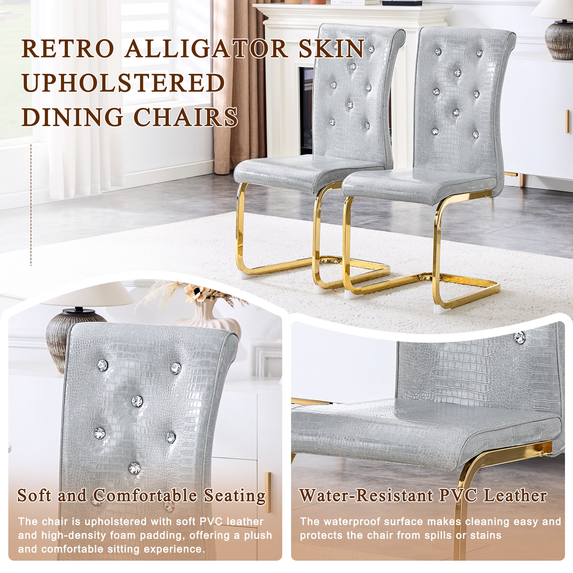 Aukfa Modern Dining Chairs Set of 2 , 400 lbs Heavy-Duty Faux Alligator Leather Kitchen Chairs with Crystal Button Tufted High Back,Gray