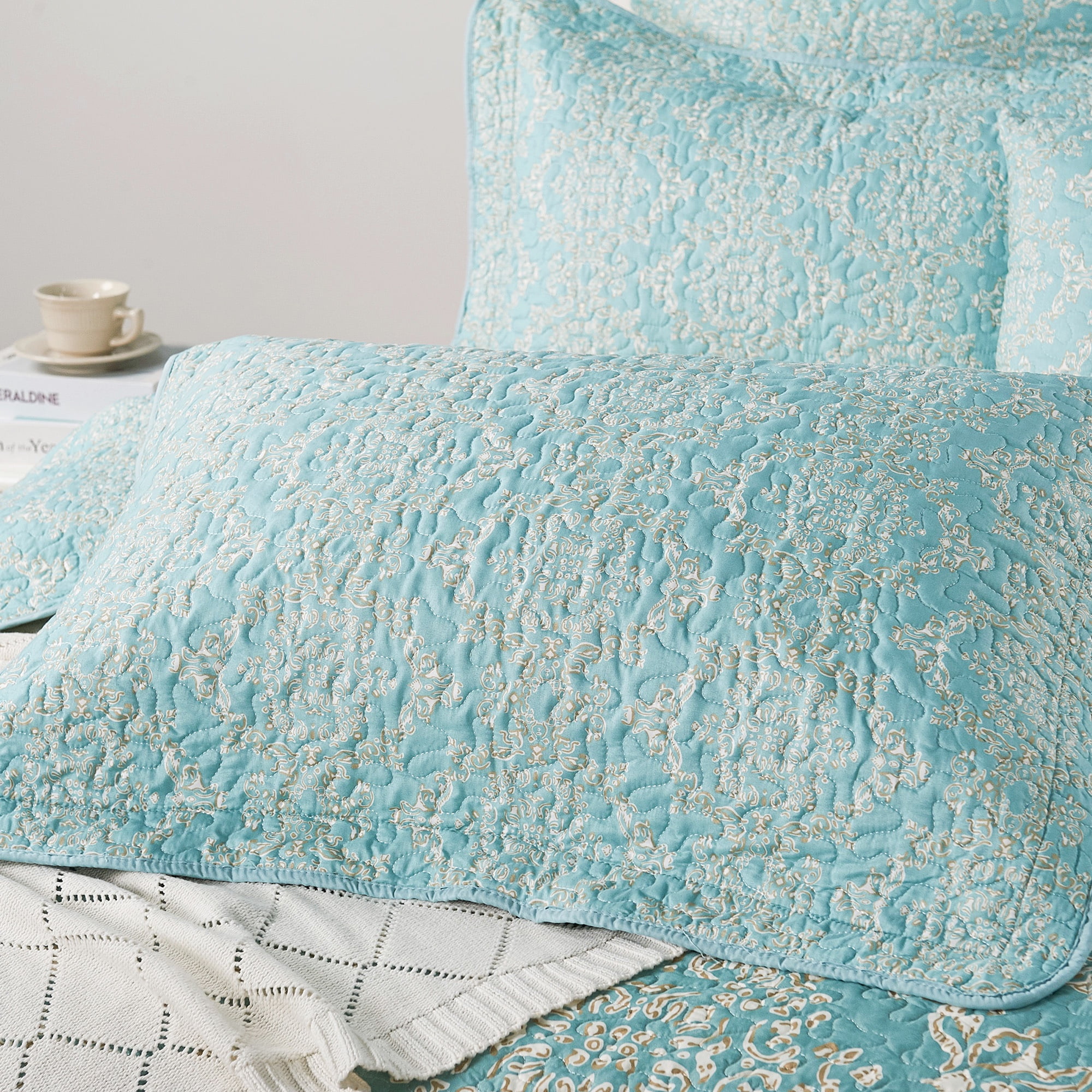 Home Soft Things 7 Piece Printed Microfiber Quilts Bedspread Set - Mystic - Teal/Turquoise - King (102" x 90")