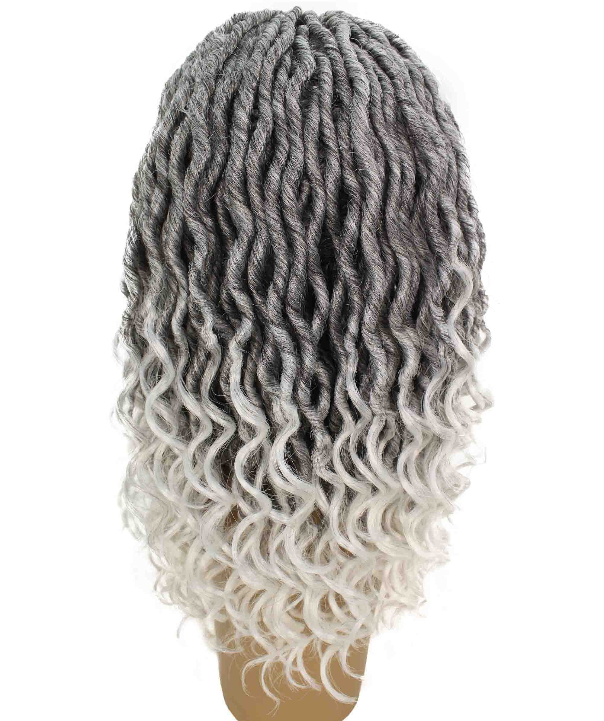 LUXLUXE Andrea Curly Long 4X4 Hand Tied Lace Braid Braided Wig, Beauty Heat Resistant Fiber, Black To White Ombre
