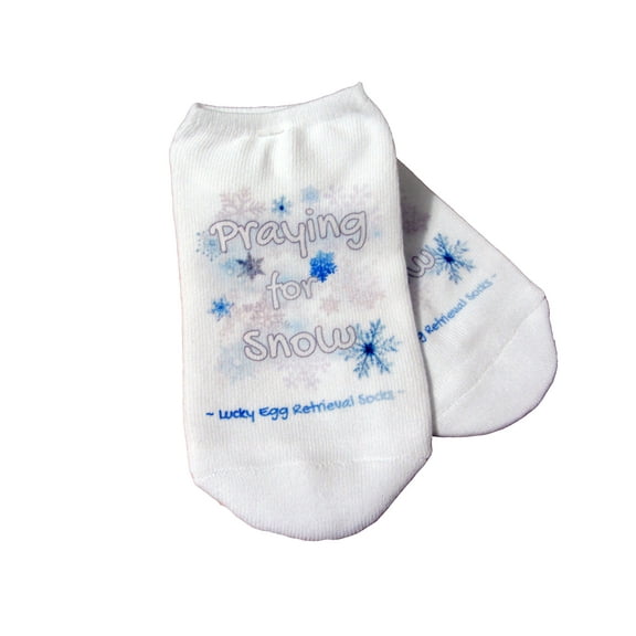 IVF Socks, Lucky Transfer Socks - Praying for Snow with Snowflakes, lucky IVF Socks Womens Medium No Show White