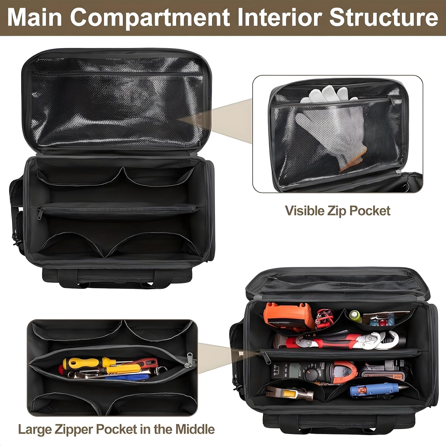 14-Inch Heavy-Duty Canvas Tool Bag, Multi-function Large Capacity Tool Organizer Tote Bag with Adjustable Shoulder Strap and Ergonomic Handle for Electrician, Plumber, Handyman (Khaki)