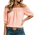 thumbnail image 2 of ClodeEU Women's Plaid Off Shoulder Blouse,Short Puff Sleeve Cropped Casual Summer Top Orange-Plaid ^,Women's Plus L, 2 of 8