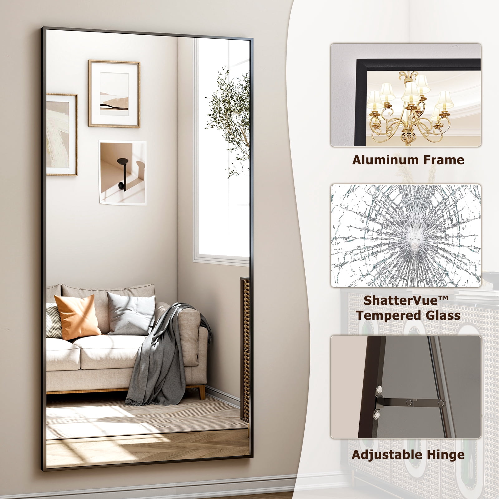 Mirstory 71"x26" Floor Mirror Rectangle Full Length Standing Body Dressing Mirror, Black