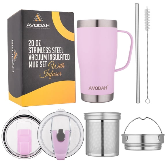 AVODAH Tea Infuser Mug with Tea Strainer, Two Lids and Straw - Lilac