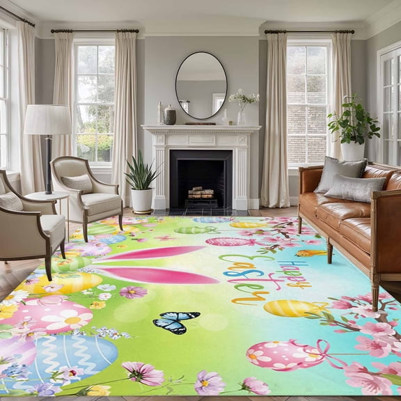 Large Area Rugs for Living Room Bedroom, Easter 6'x9' Rug Washable Carpet Runner Indoor Outdoor, Spring Bunny Colorful Rabbit Eggs Butterfly Blue Green Non Slip Floor Mats Rug for Kitchen, Playroom