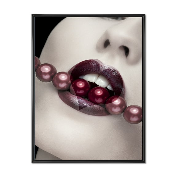 Designart 'Pearls Through Mouth With Heart Shape Lips' Modern Framed Canvas Wall Art Print