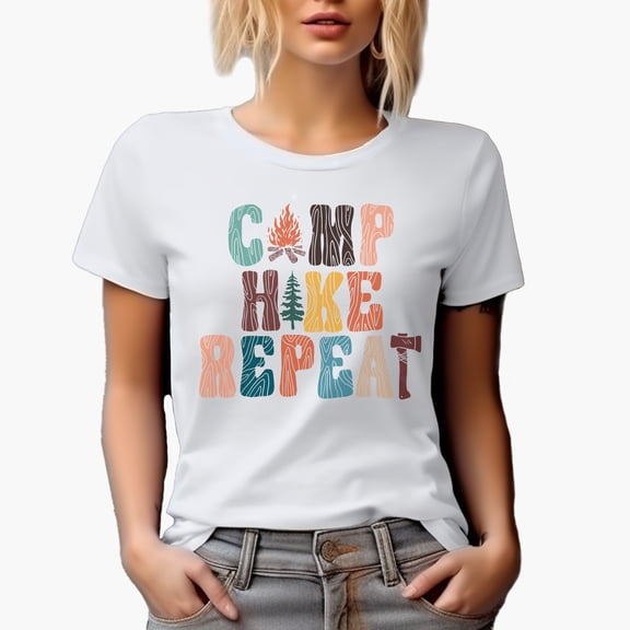 Camp, Hike, Repeat Art Merch Gift, White T-Shirt, Small