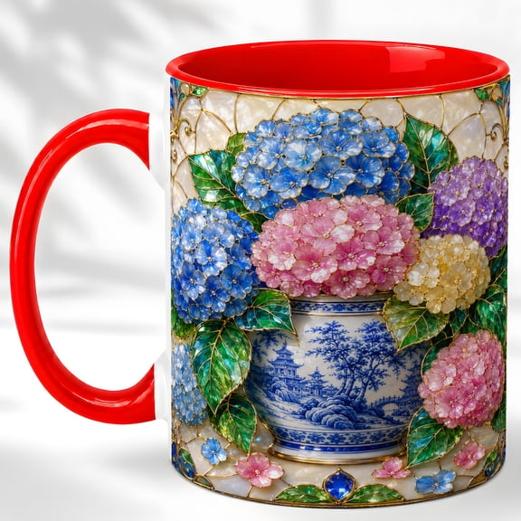 Stained Glass Hydrangea Coffee Mug, Floral Mug, Ceramic Cup