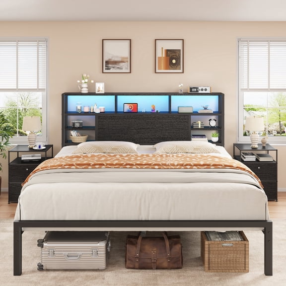 EnHomee Metal Platform Bed Frame with Headboard King Size Bed Frame with 4-Tier Storage Shelf & 3 Open Compartments & LED Lights & Charging Station ,Black