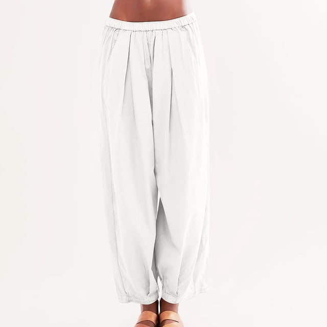 RXIRUCGD Women's Solid Cotton And Linen Drawstring Loose Casual Wide Leg Pants, White, Size: L