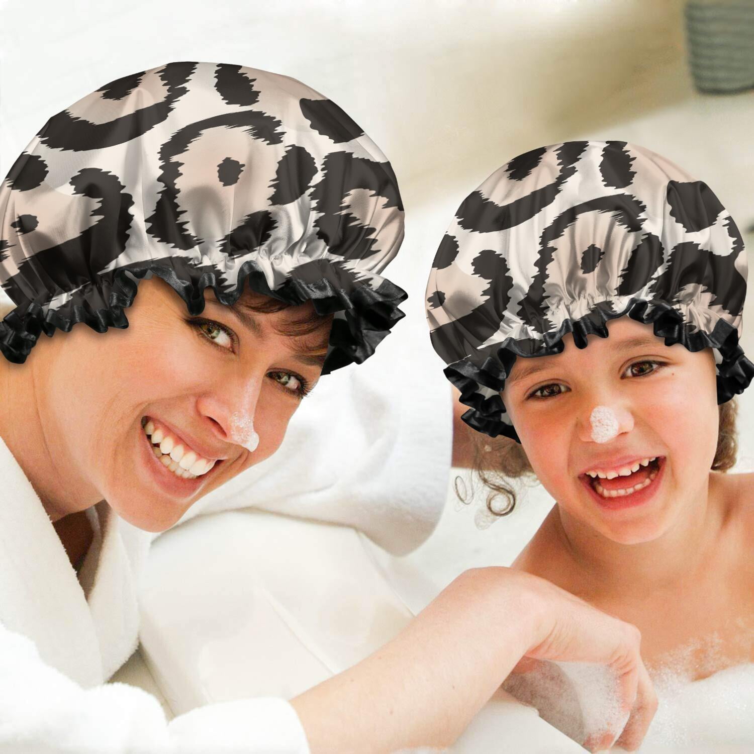 Shower Caps,Beige and Black Leopard Pattern Waterproof Shower Cap for Women 4 Pieces,Double Reusable Hair Cover for Shower PEVA Elastic Stretch Hem
