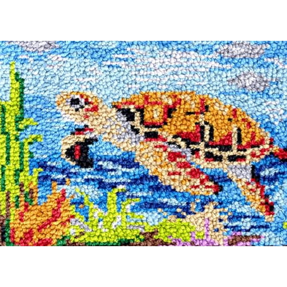 Turtle Sea Latch Hook Rug Kit for Adults DIY Carpet Cushion with Printed Canvas Crochet Yarn Craft Hook and Latch Tapestry for Floor Decoration Pets Warm Pads 40x60cm