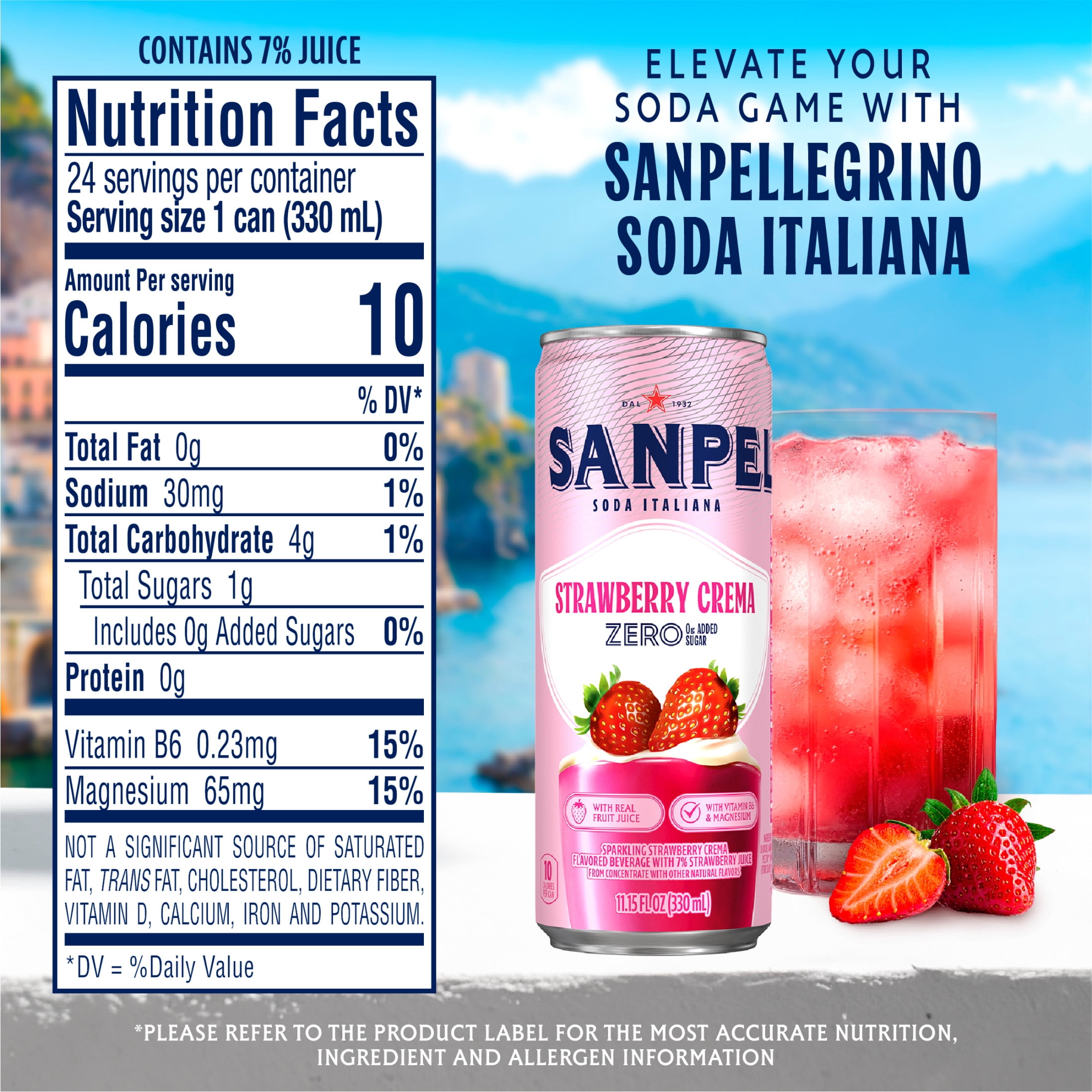 Sanpellegrino Soda Italiana Strawberry Crema, 0g Added Sugar, Italian Sparkling Soda, 24PK