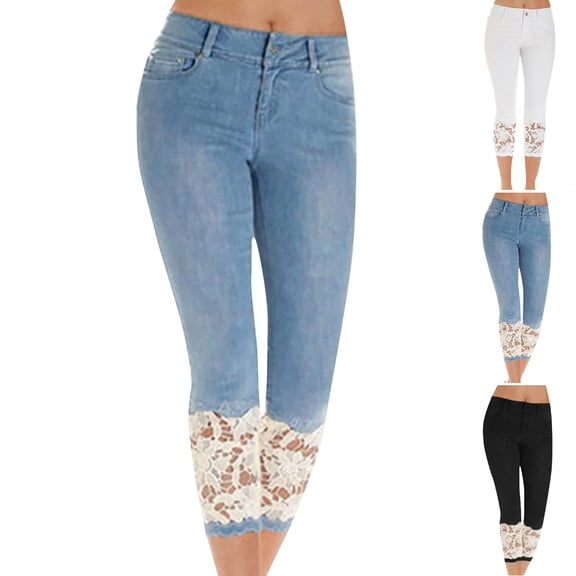 YanHoo Plus Size Jean Capri Pants for Women High Waist Lace Patchwork Cropped Pants Oversized Casual Slim Fit Stretchy Denim Trousers with Pockets