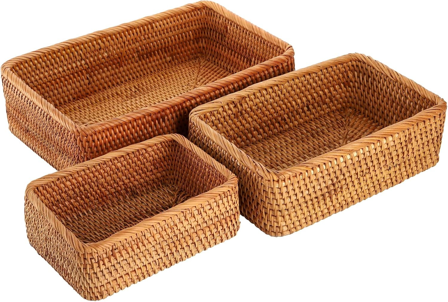 3 Pack Rectangular Rattan Storage Baskets, Bulk Shallow Wicker Baskets for Decor, Handmade Woven Nesting Bread Baskets for Organizing, Serving, for Kitchen, Home, 3 Sizes