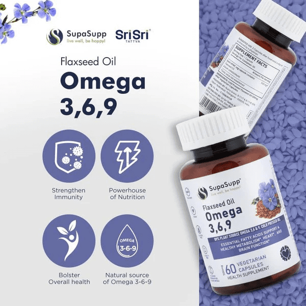 Sri Sri Tattva Omega 3 6 9 Flaxseed Oil Capsules Vegetarian Supplement, 60 Count