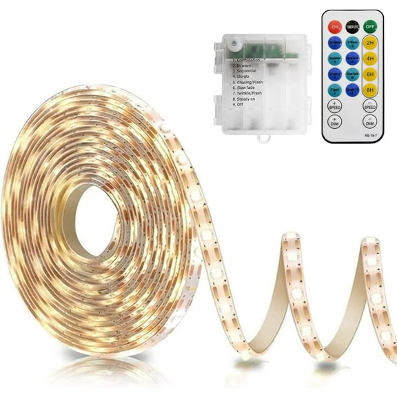 Battery Powered Led Strip Lights with Remote Warm White, 8 Modes, Dimmable, Timer, Self-Adhesive, Cuttable, Waterproof, 9.8FT 90Led Strip Lights for TV Kitchen Cupboard Bedroom Decor