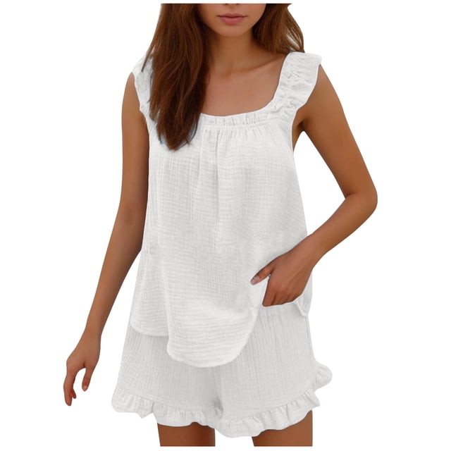AherBiu Womens Pajama Sets 2 Piece Ruffle Sleeve Camisoles Homewear Loose Wide Leg Shorts Sleepwear Set