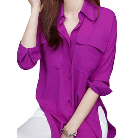 Long Sleeve Mandarin Collar Blouse - MAXSUN Women Long Sleeve Chiffon Shirt Turn-down Collar Office OL Loose Blouse