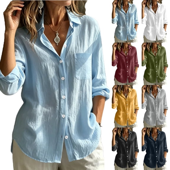 CHGBMOK Women's Linen Shirt Casual Long Sleeve Collared Blouse Button Down Cotton Tops with Pocket