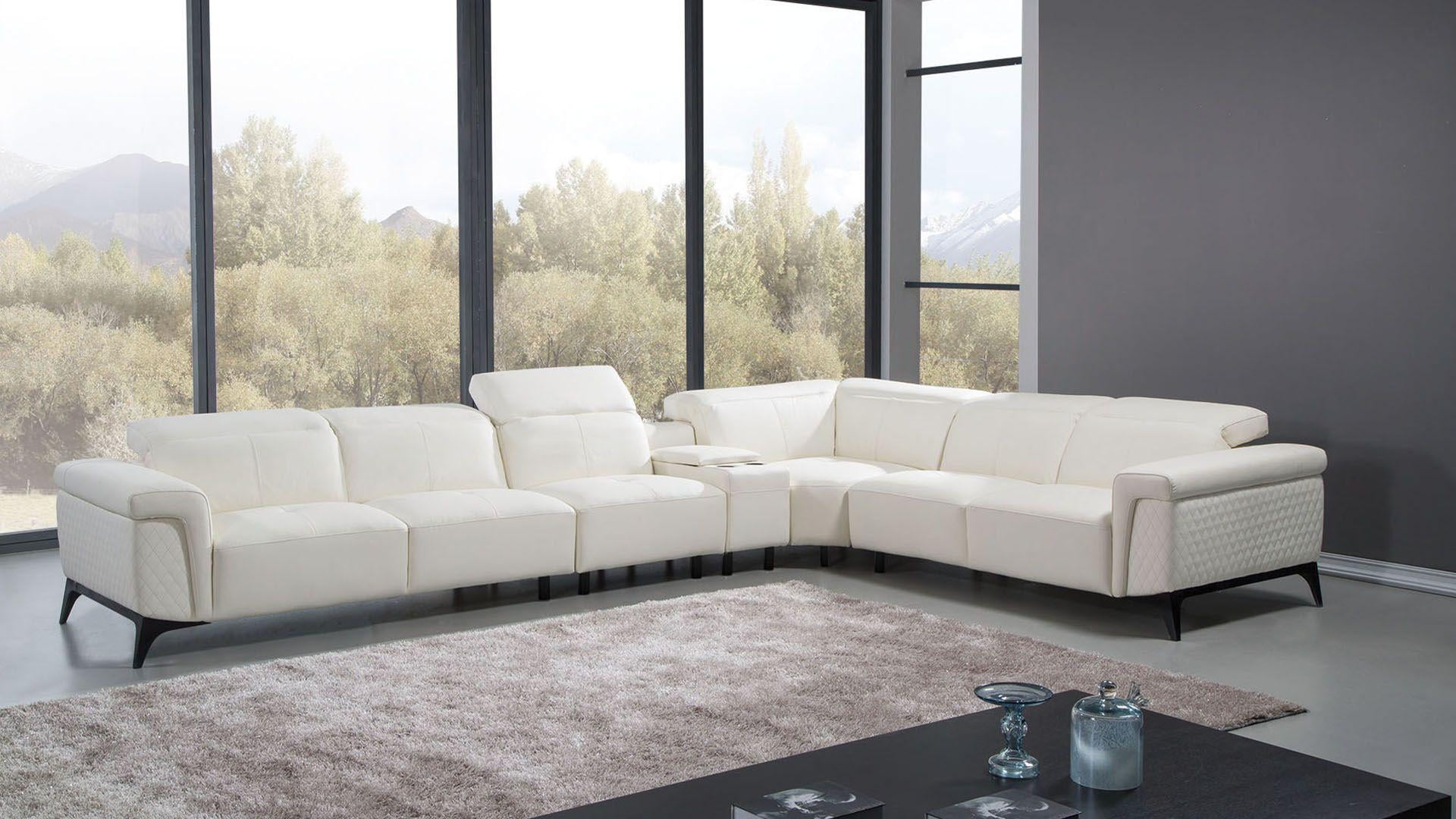 White Italian Leather 4-Piece Sectional with Adjustable Headrest