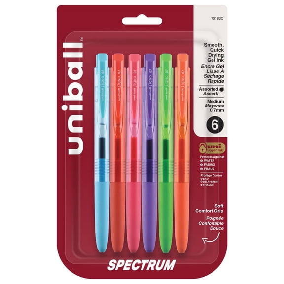 uni® Spectrum Retractable Gel Pens, Medium Point (0.7mm), Assorted Ink, 6 Pack