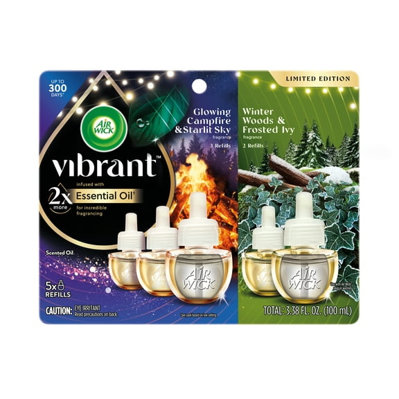 Air Wick Vibrant Plug-In Fall Scented Oil Air Freshener Warmer Refills Falliday Pack, Campfire and Winter Woods, 5 Count
