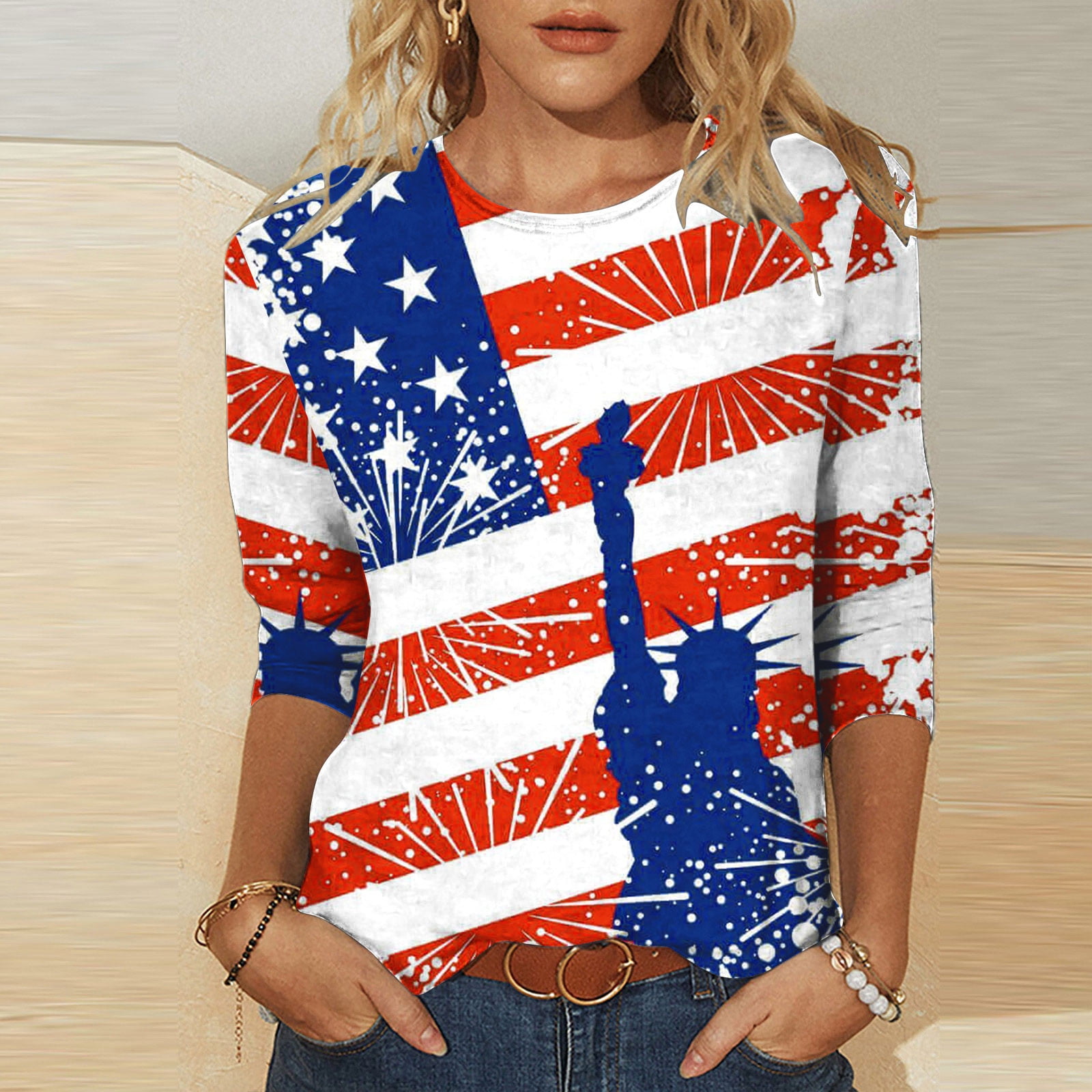 Lastesso Women's Fashion Independence Day Printed TShirt 3/4 Sleeves