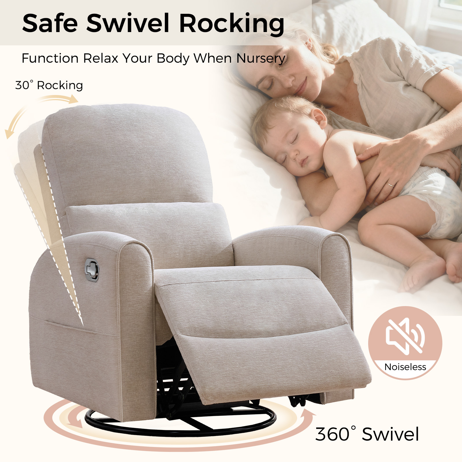 Aemeios Manual Recliner Swivel Chenille Glider Chair with Adjustable Headrest, Camel