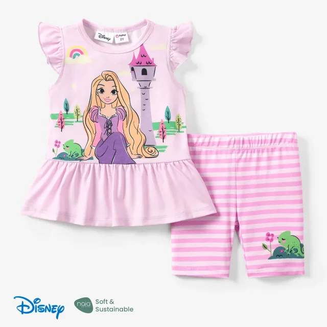 Disney Princess Girls Ruffled Graphic Tee Stripped Leggings Shorts 2 Pieces Summer Outfits Set Sizes 2-6