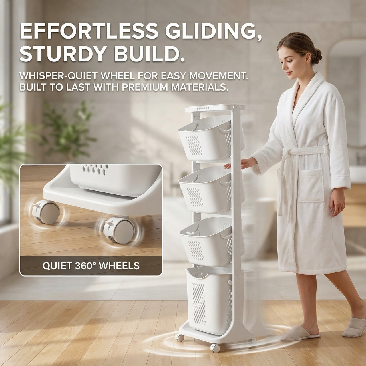 4-Tier Rolling Laundry Hamper Sorter with Wheels, Removable Laundry Basket Storage Organizer, Laundry Cart for Dirty Clothes Storage in Bathroom & Bedroom, White