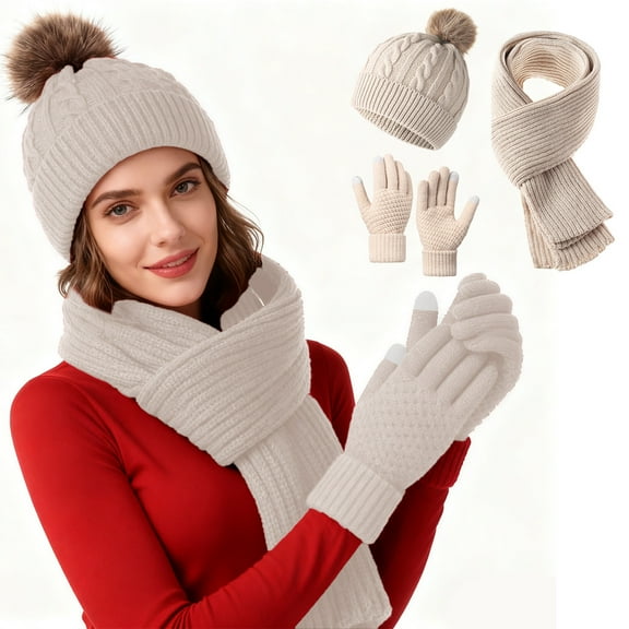 Winter Knit Hat Scarf Gloves Set Warm Thermal Accessories for Outdoor Activities Cold Weather Protection(Beige)