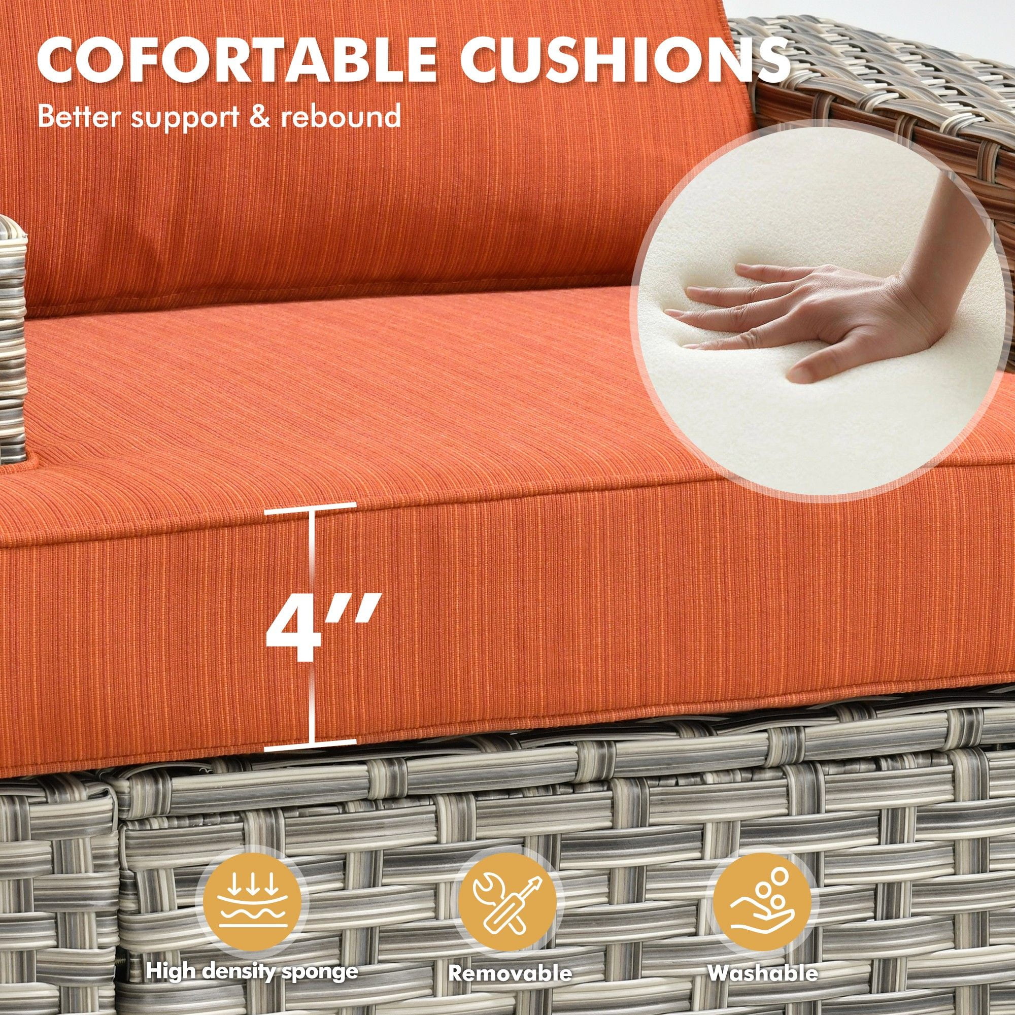 XIZZI 6-Piece Outdoor Patio Sectional Furniture Sets, Wicker Patio furniture with Coffee Table and Cushions, Waterproof Outdoor Conversation Set for Balcony, Porch, Backyard,Orange Red