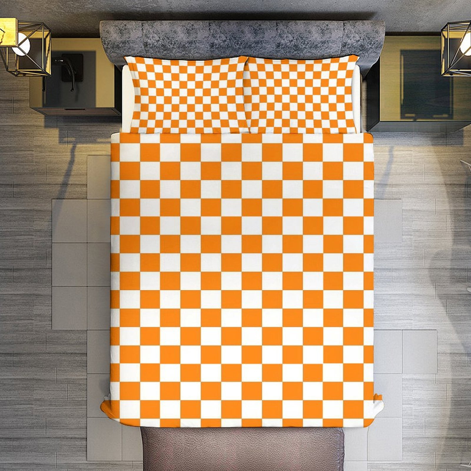 3 Pcs Soft Bedding Set, Includes 1 Duvet Cover with Zipper And 2 Pillow Shams,Orange And White Check Queen(90"×90")