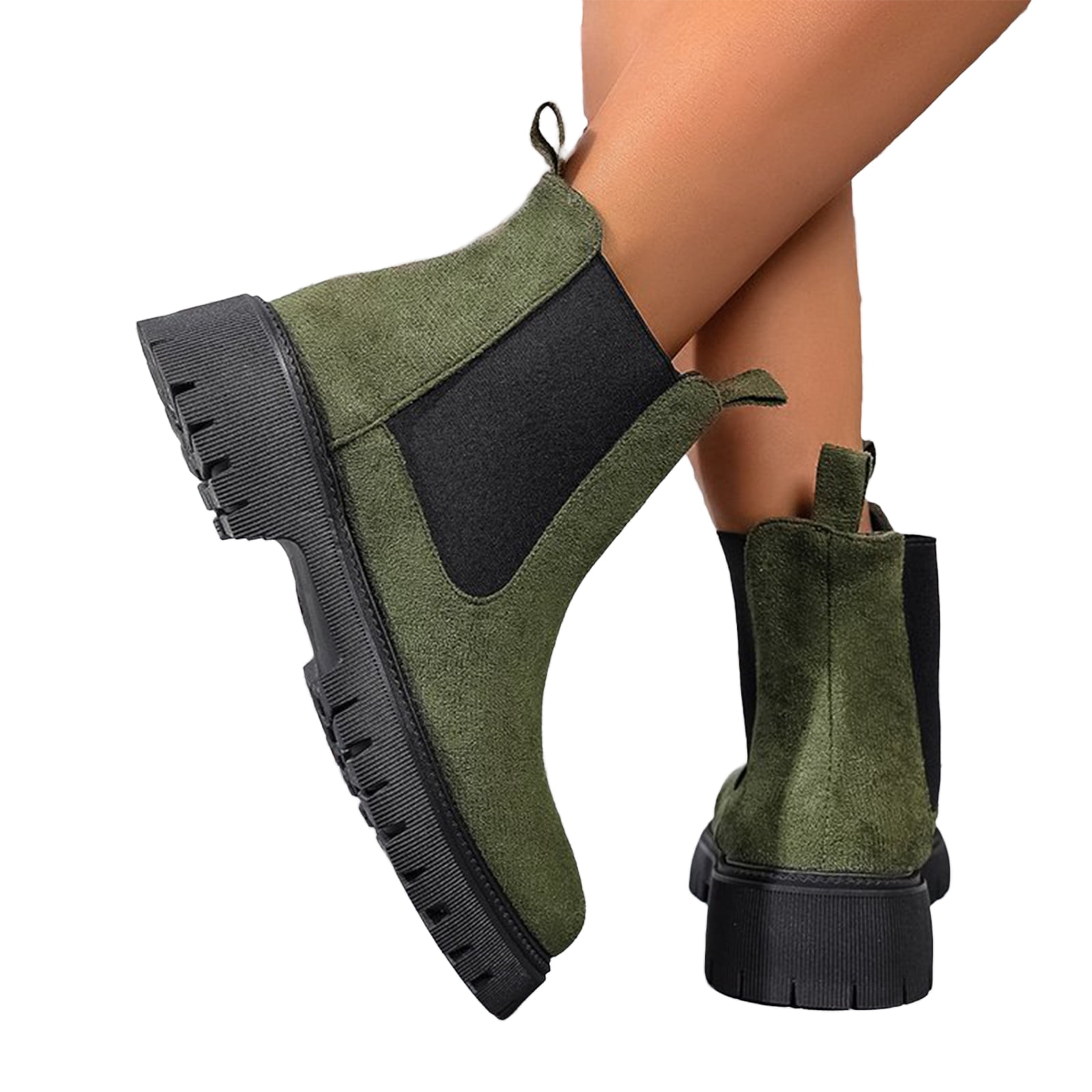 Willtoo Womens Lug Sole Platform Ankle Booties Chelsea Slip on Chunky Block Heel Faux Leather Boots