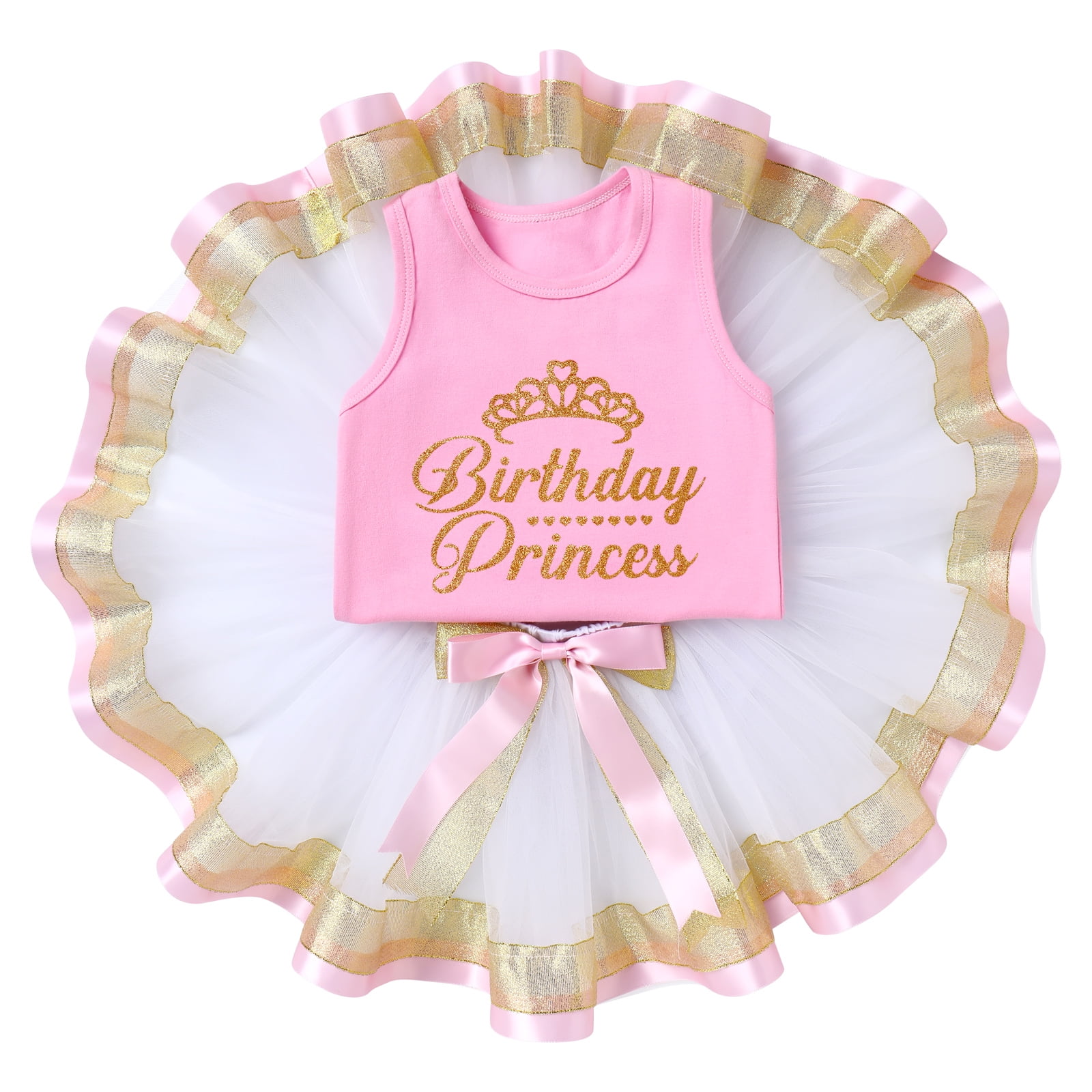 IBTOM CASTLE Toddler Baby Girls Princess Birthday Outfits Sleeveless Printed Vest Tops+Tulle Tutu Dress+Flower Crown Party Clothes 12-18 Months Pink & White