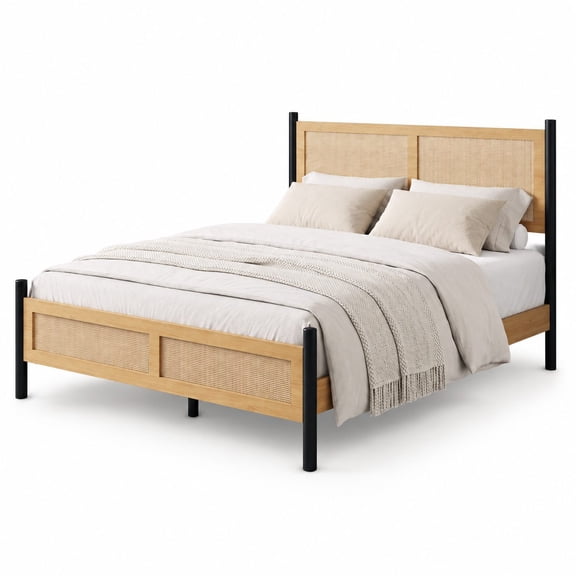 Queen Size Rattan Platform Bed Frame with Boho Style Rattan Headboard, Solid Wood Construction, No Box Spring Required, Noise-Free & Easy Assembly