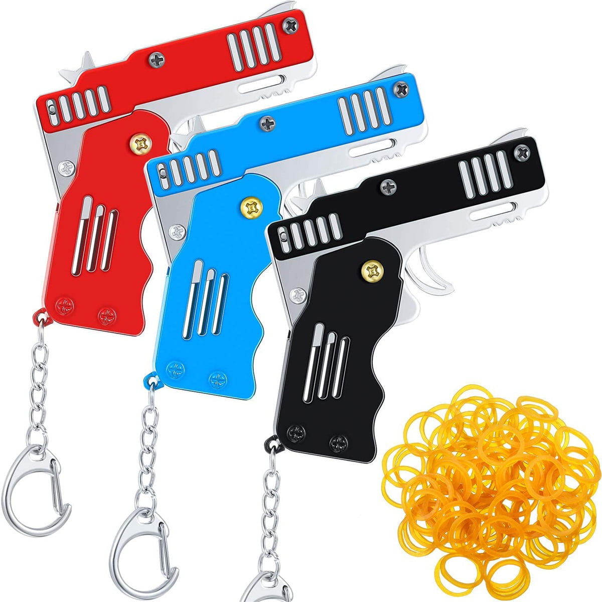 Rubber Band Gun Mini Metal Folding 6-Shot with Keychain and Rubber Band 