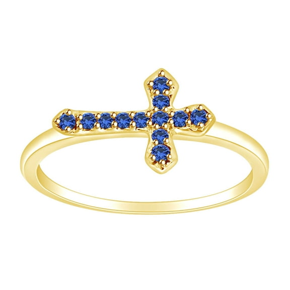 AFFY 0.12 Cttw Round Shape Blue Sapphire Sideways Cross Ring In 10K Solid Yellow Gold Ring Size-5