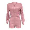 thumbnail image 3 of Skinny Slim Fit Sequin Crew Neck Long Sleeve Rompers,Women's Split Shorts Jumpsuit, 3 of 4