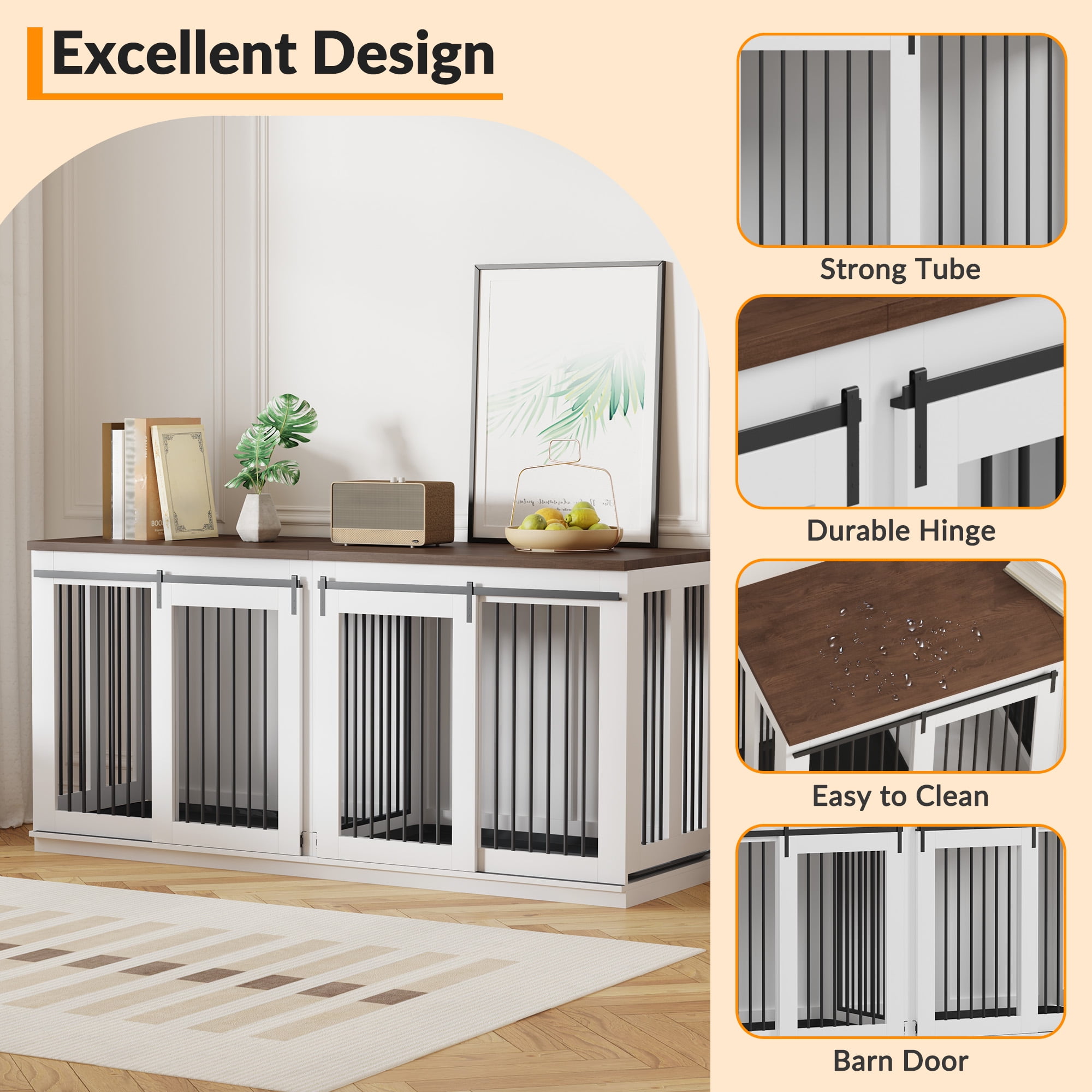 BouPower Dog Crate,Heavy Duty Dog Kennel Furniture For Small Medium Large Dogs,Double-Dog Indoor Wooden Dog Crate Furniture,Anti Escape Dog Cage,Tv Stand,Large Dog Crate Furniture